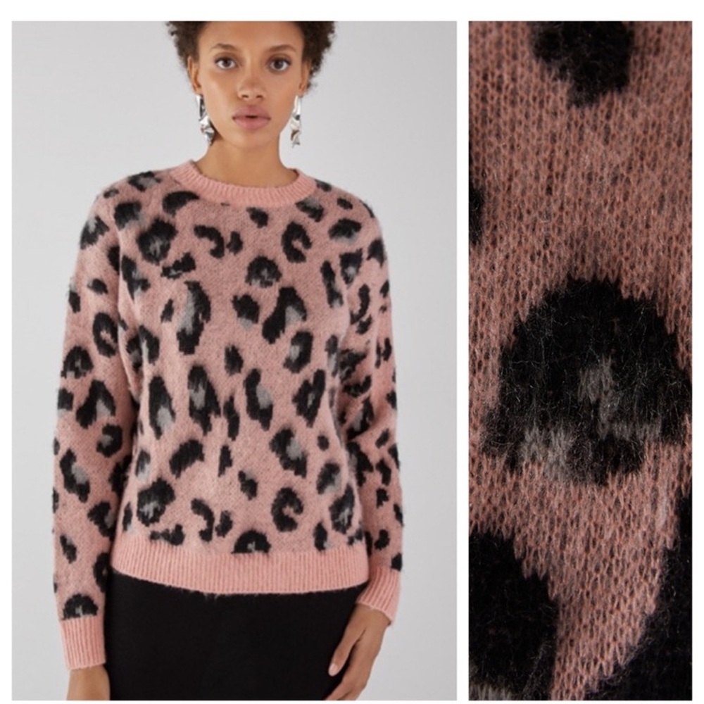 Bershka pink black gray leopard print pull over sweater acrylic fuzzy